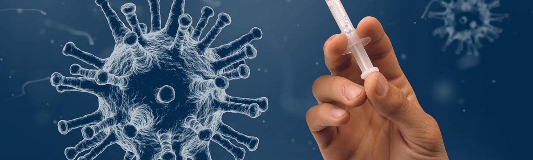 Illustration only - graphic of a virus and a hand with a syringe