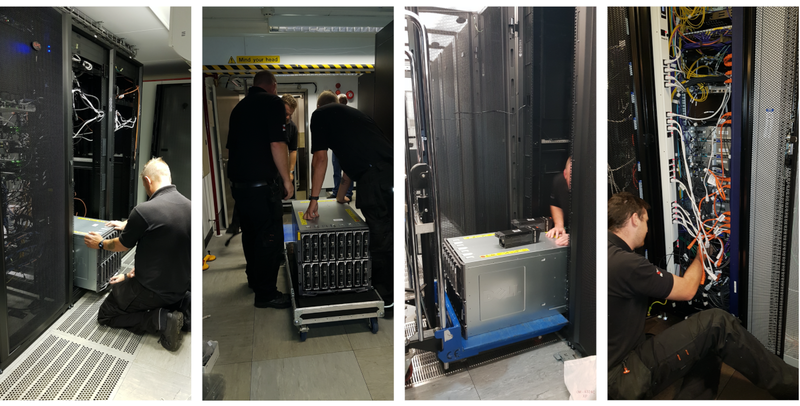 Four images showing data centre move (servers, wires etc)