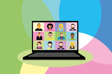 Cartoon image of a laptop with twelve faces looking out.