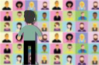 Cartoon image of a person standing in front of a wall of squares filled with other faces (representing video conferencing) 