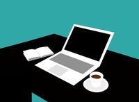 Cartoon image of a laptop on a table with a cup of tea and notebook nearby