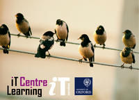 Brochure cover - words say 'IT Learning Centre'. IT Services and Oxford Uni logos are shown.  Image: birds on wires (online)