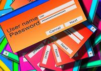 Lots of colourful login/password screens scattered on top of each other.